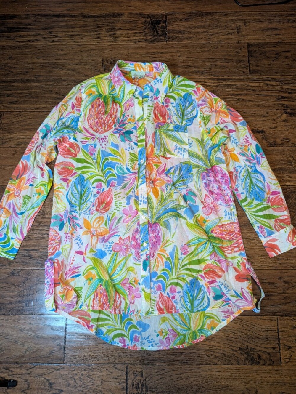 True Destinations Colorful Cotton Button Down Coverup Shirt Women's Size Large